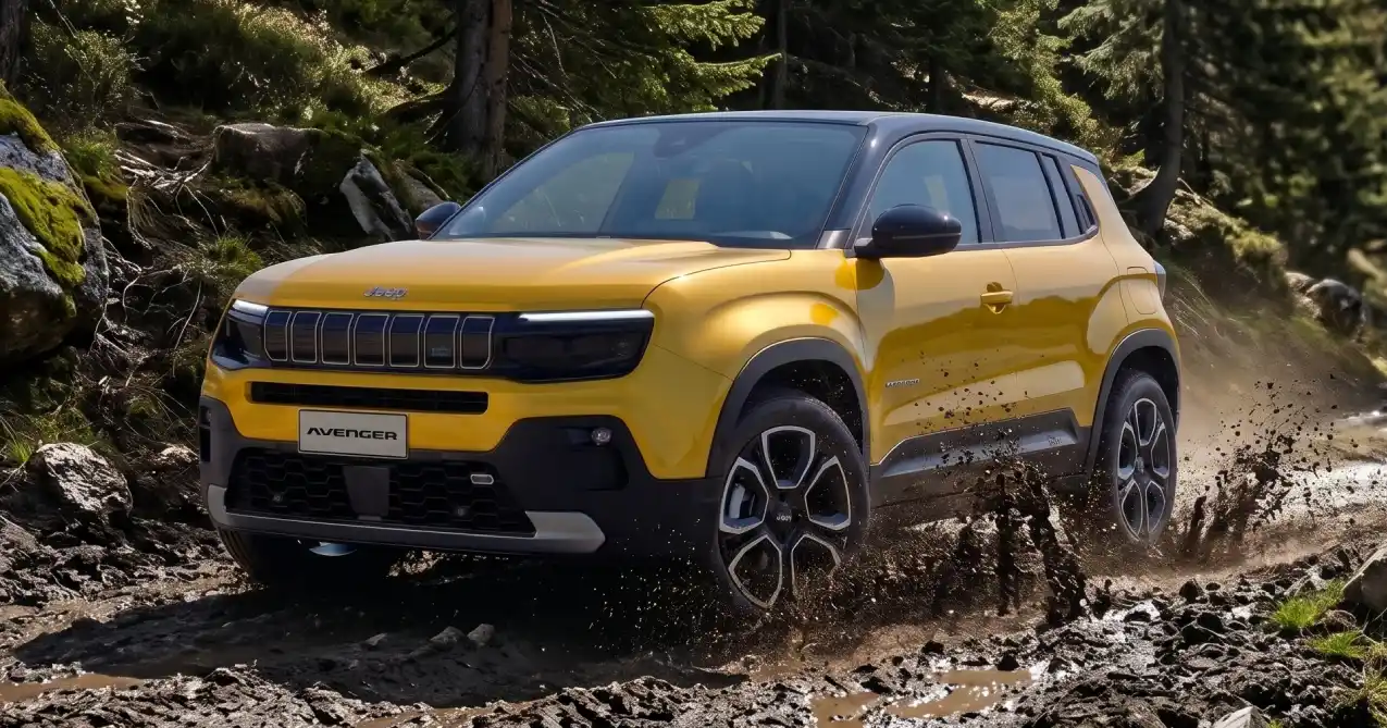 Jeep Avenger Altitude e-Hybrid color amarillo en un entorno off-road boscoso