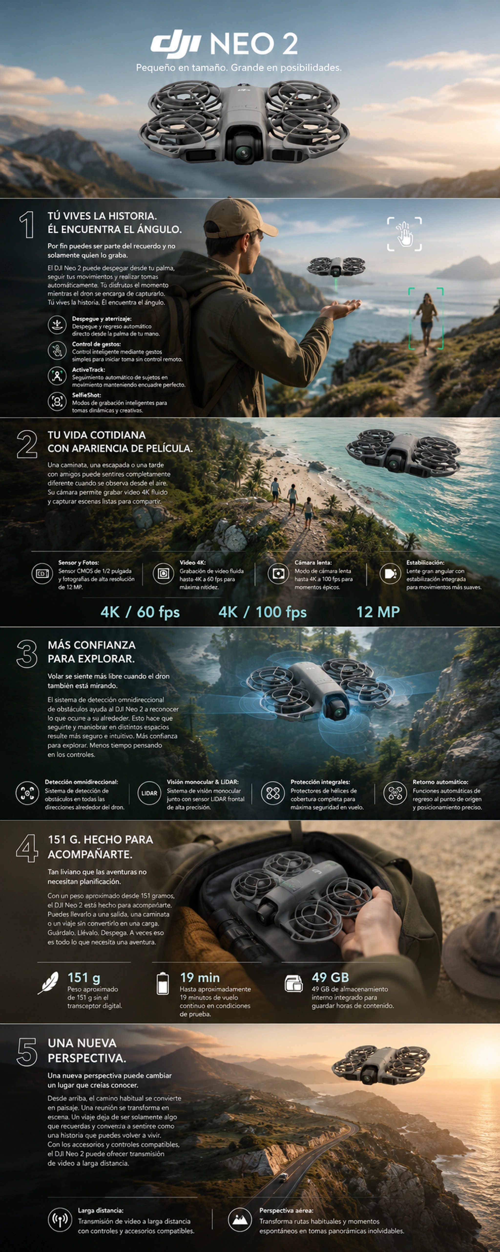 Infografía completa con características del DJI Neo 2: despegue desde la palma, cámara 4K a 60fps, detección omnidireccional de obstáculos, peso de 151g y transmisión de larga distancia